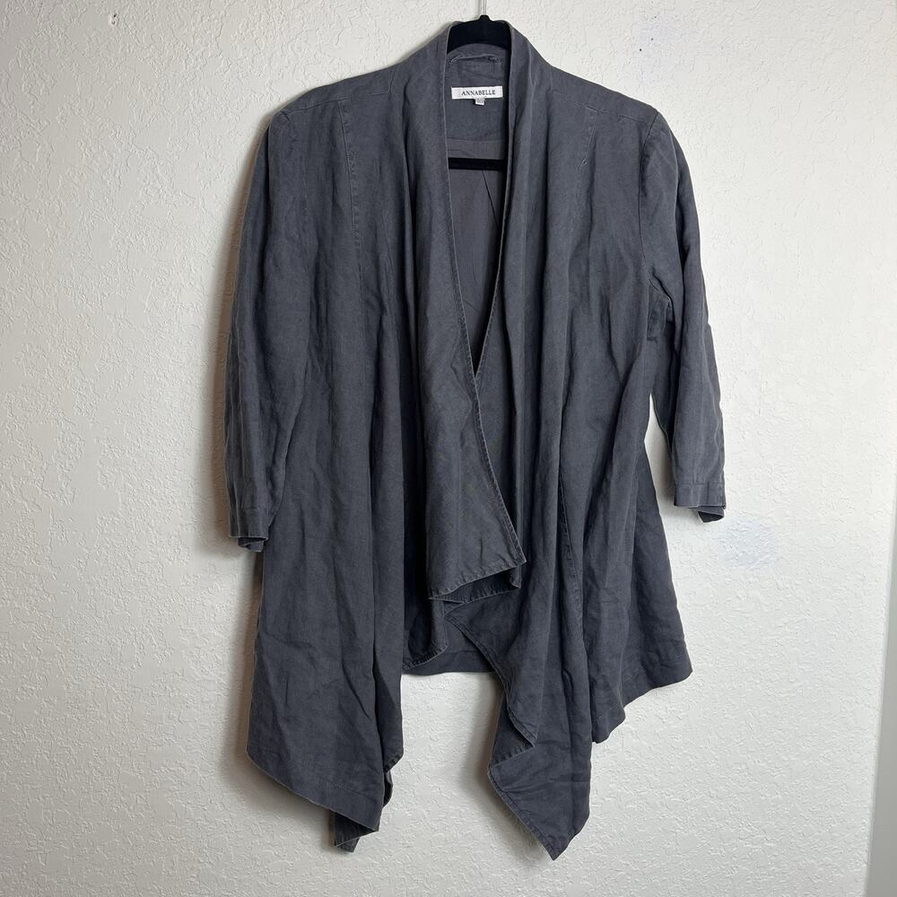 Annabelle Grey Linen Open Front Cardigan draped, 3/4 sleeve, breathable, size 10